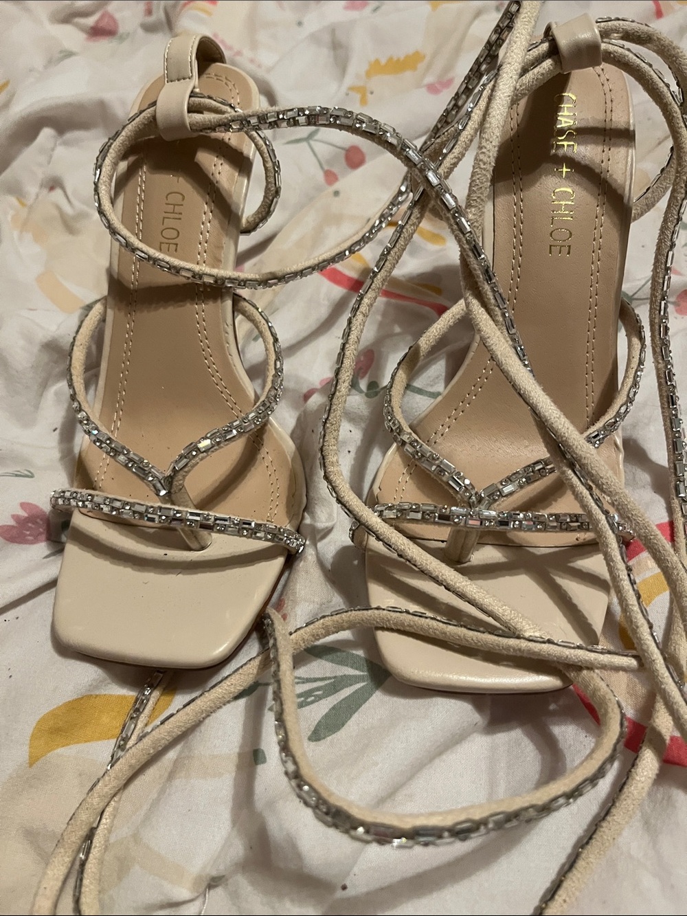 Chase + Chloe Cream Strappy Crystal Lace-Up Heels